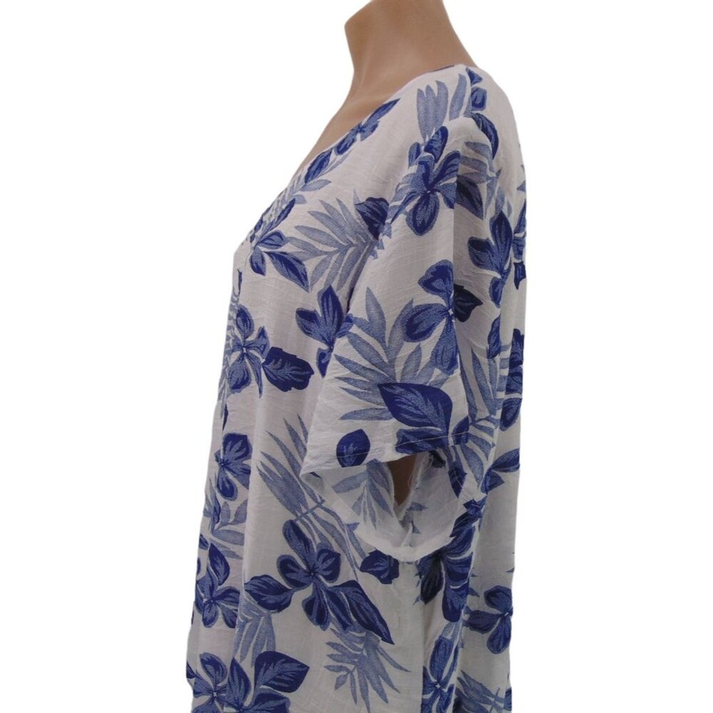 Serengeti White Blue Layered Look Swing Top 1X Floral Tropical Lagenlook - Picture 7 of 11